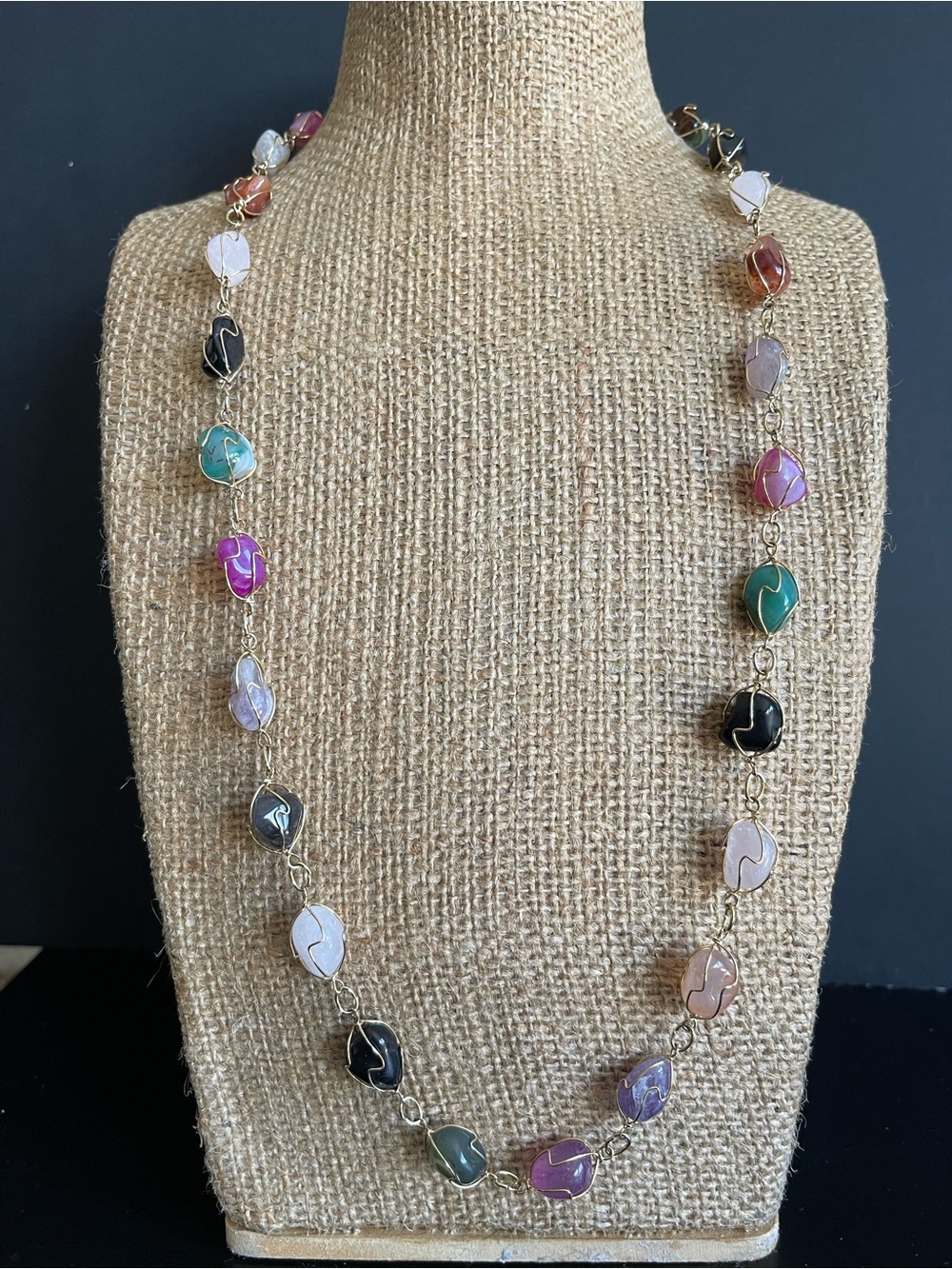 Vintage multi color gemstone Stone gold wire Long Necklace .